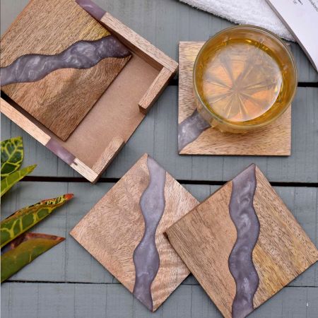 Handmade Purple Epoxy River and Acacia Wood Wood Set of 4 Decorative Table Coasters with Cover